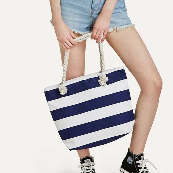 Risca Win blue & white striped Beach tote bag - Picture 1 of 13
